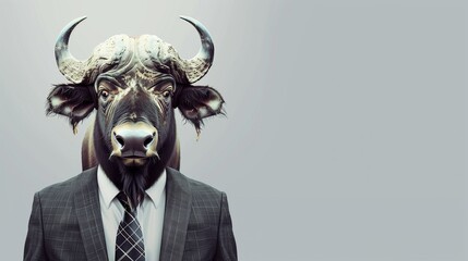 a buffalo wearing a suit with a tie on a plain white background on the left side of the image and the right side blank for text