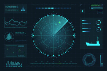 Submarine radar. Navy ship sonar navigation screen hud digital interface, ocean marine flight search naval weapon targeting futuristic dashboard ui spy mission vector illustration - 747295392