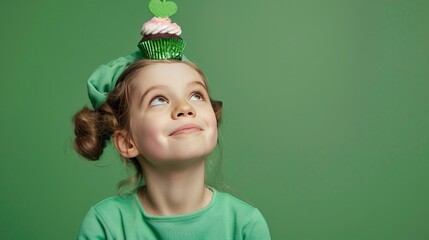 A little girl with a lucky cupcake on top of her head against a green background - obrazy, fototapety, plakaty