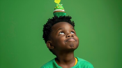 Happy black boy St Patrick a lucky cupcake on top of head - obrazy, fototapety, plakaty