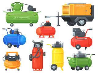 Air compressors. Pneumatic compressor for cold construction or paint work, generator pressure flow tank cylinder with valve car compression machine cartoon neat vector illustration