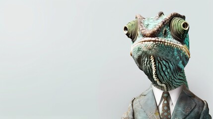 a chameleon wearing a suit with a tie on a plain white background on the left side of the image and the right side blank for text,