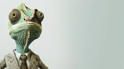 Foto op Canvas a chameleon wearing a suit with a tie on a plain white background on the left side of the image and the right side blank for text, © SardarMuhammad