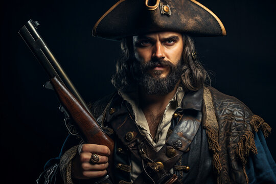 Creative generative ai collage of man dressed in pirate costume on carnival event