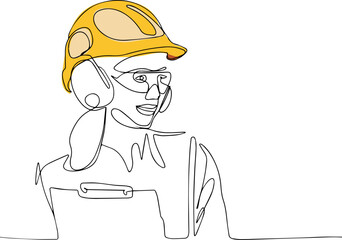 Continuous one line drawing of Industry maintenance engineer woman wearing uniform and safety helmet under inspection by tablet. Minimal outline concept. Vector illustration