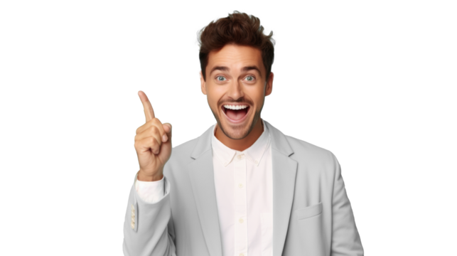 Excited businessman pointing up, teal background - Powered by Adobe