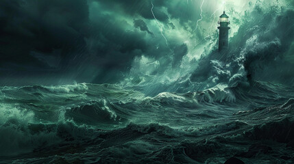 Monstrous storm waves crashing against the shore a lighthouse standing defiant the raw power of sea and climate - obrazy, fototapety, plakaty