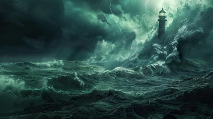 Foto op Plexiglas Monstrous storm waves crashing against the shore a lighthouse standing defiant the raw power of sea and climate © BritCats Studio