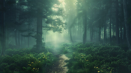 Mystical forest at dawn light piercing through fog a path leading into the unknown vibrant greenery sense of adventure