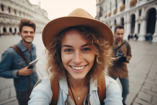 Young woman with friends, urban exploration, selfie.