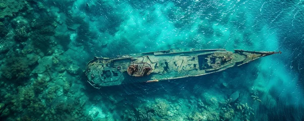Fotobehang Aerial view of a dive site clear waters revealing a sunk ship below the thrill of deep sea exploration from above © BritCats Studio