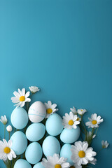 Flat lay photo with blue Easter eggs and white chamomile on blue background. Happy Easter concept banner with copy space. Top view design for spring  template, card, poster, ads.
