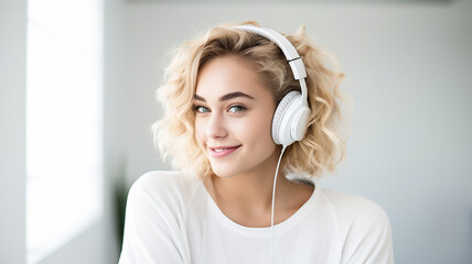 A bubbly young woman with a beaming smile enjoys music through white over-ear headphones, bathed in soft, natural light