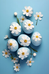 Flat lay photo with blue Easter eggs and white chamomile on blue background. Happy Easter concept banner. Top view design for spring  template, card, poster, ads.
