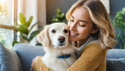 Happy young woman hugging cute dog on couch in living room