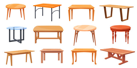 Wooden dining tables. Cartoon contemporary table for outdoor restaurant rustic or office furniture, small round wood tabletop kitchen desk interior, set neat vector illustration