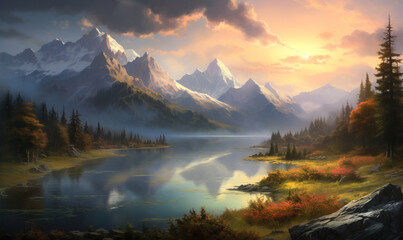 Dawn at the First light breaking over a serene lake nestled among towering mountains, awakening landscape