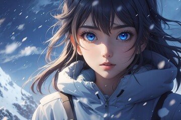anime girl looks seriously and her eyes shine blue. - obrazy, fototapety, plakaty