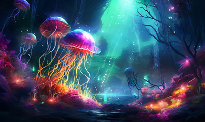 Enchanted marine Luminous jellyfish, mystical algae, and colorful shellfish in a seaweed forest, a fantasy under the sea