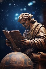 Obraz premium Bronze statue of astronomy scholar reading a book under stars.