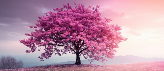 A pink tree stands out in the middle of a vast field, its blossoms vibrant against the natural backdrop. It is a striking sight in the springtime landscape.