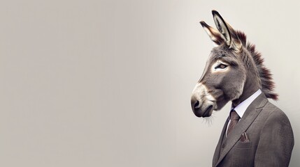 a donkey wearing a suit with a tie on a plain white background on the left side of the image and the right side blank for text,