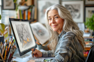 Elegant senior woman with silver hair creating digital art on a tablet in her cozy home studio.