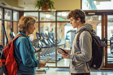 A senior woman holding a booklet converses with a younger man in a gym, possibly discussing class times or fitness programs. - obrazy, fototapety, plakaty