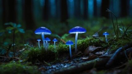 Magical View of  Mushrooms in forest with dew