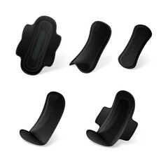 .Black sanitary pads. Realistic feminine pads mockup, female organic towels for menstrual period, healthcare lady hygiene pad products girl health, 3d exact vector illustration