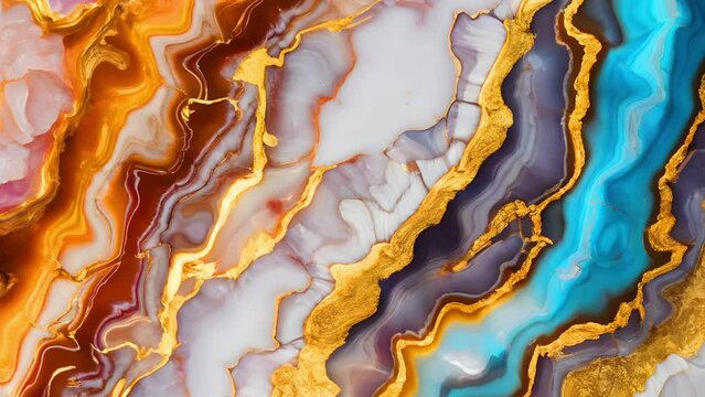 Colorful golden liquid agate design. Stone texture. Animated luxurious background. Fluid art. 23,98fps
