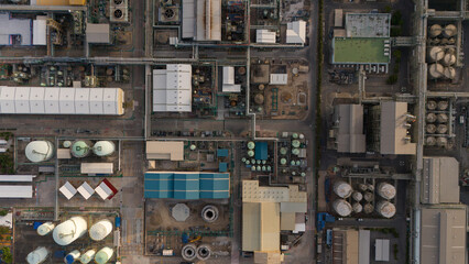 Aerial top view of water treatment plant, wastewater treatment plant and refinery.