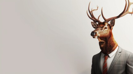 a elk wearing a suit with a tie on a plain white background on the left side of the image and the right side blank for text,