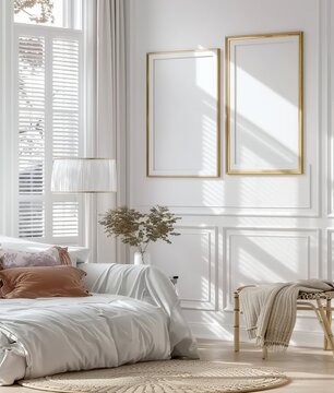 White Luxury Bedroom with Mockup Poster Frame - 3D Render. Made with Generative AI Technology