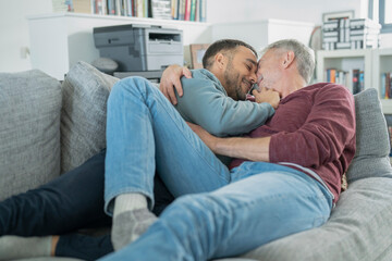 Smiling male couple cuddling on sofa at home