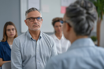 Obraz premium Man With Glasses Talking to Group of People