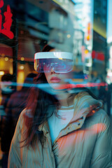 Portrait of an Asian Woman Wearing Augmented Reality Glasses, VR Goggles, Utopian Future City, Immersive Metaverse Experience, Advanced Virtual Reality Technology.