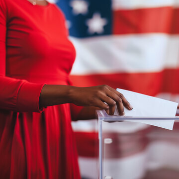 American Democracy in Action: African American Woman in Red Dress Casting Her Vote into a Ballot Box in Front of the United States Flag.