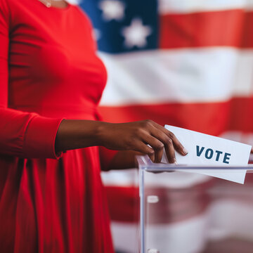 American Democracy in Action: African American Black Woman in Red Dress Casting Her Vote into a Ballot Box in Front of the United States Flag.