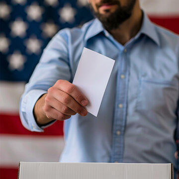 American Democracy in Action: Man Casting His Vote into a Ballot Box in Front of the United States Flag.