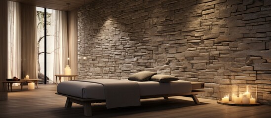 A bedroom featuring a contemporary design with a prominent stone wall and a comfortable bed as the...