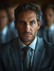 Fototapeta premium Man in Suit and Tie Standing in Front of Other Men