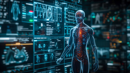 3D rendering of Digital Technology and Human Anatomy, Body, Heart, lungs, kidney, brain, Science Elements in a Blue Futuristic Environment - obrazy, fototapety, plakaty