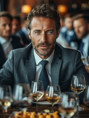 Man in Suit Sitting at Table With Wine Glasses