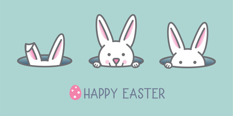 Easter poster and banner template with Easter bunnies on turquoise background