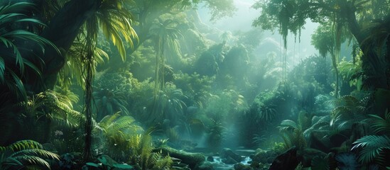 A dense jungle full of various trees and plants is depicted. The vibrant greenery creates a rich...