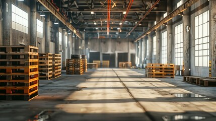Warehouse interior with stacked pallets: industrial storage facility with rows of goods, logistics concept