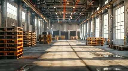 Cercles muraux Vieux bâtiments abandonnés Warehouse interior with stacked pallets: industrial storage facility with rows of goods, logistics concept