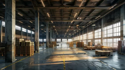 Poster Warehouse interior with stacked pallets: industrial storage facility with rows of goods, logistics concept © Ashi