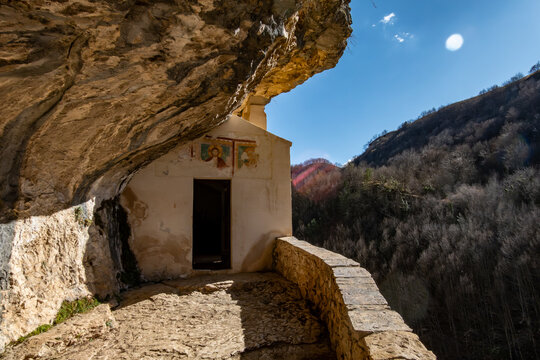 Roccamorice, Italy The exterior of the ancient Eremo di san Bartolomeo monastery in the Majella mountains.